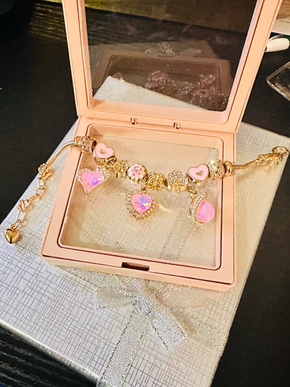 Gold Bracelet with Pink Heart Charms